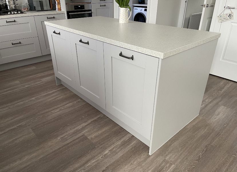 Light grey shaker kitchen with island, another view